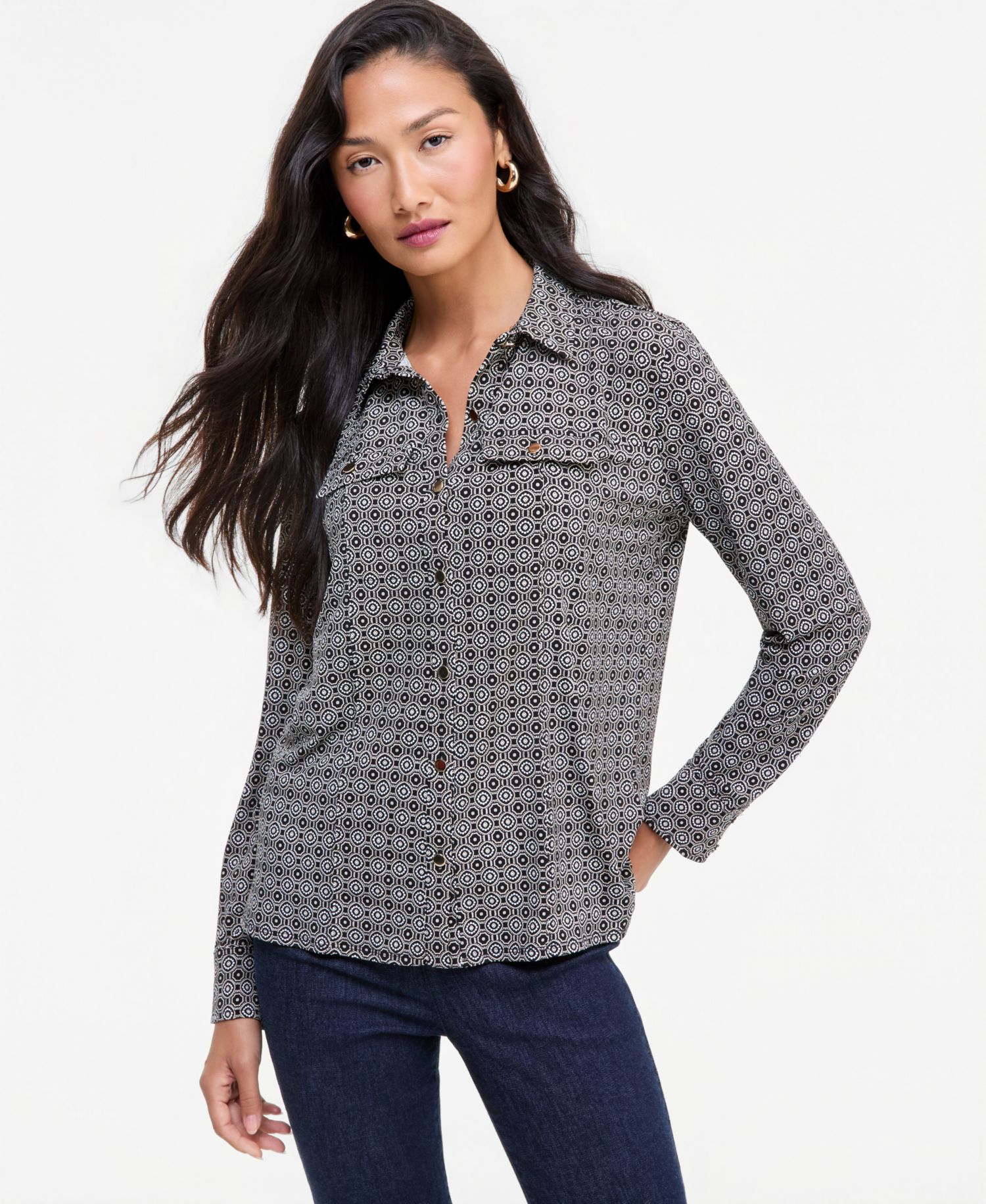 Women's Utility Printed Long-Sleeve Button-Up Blouse