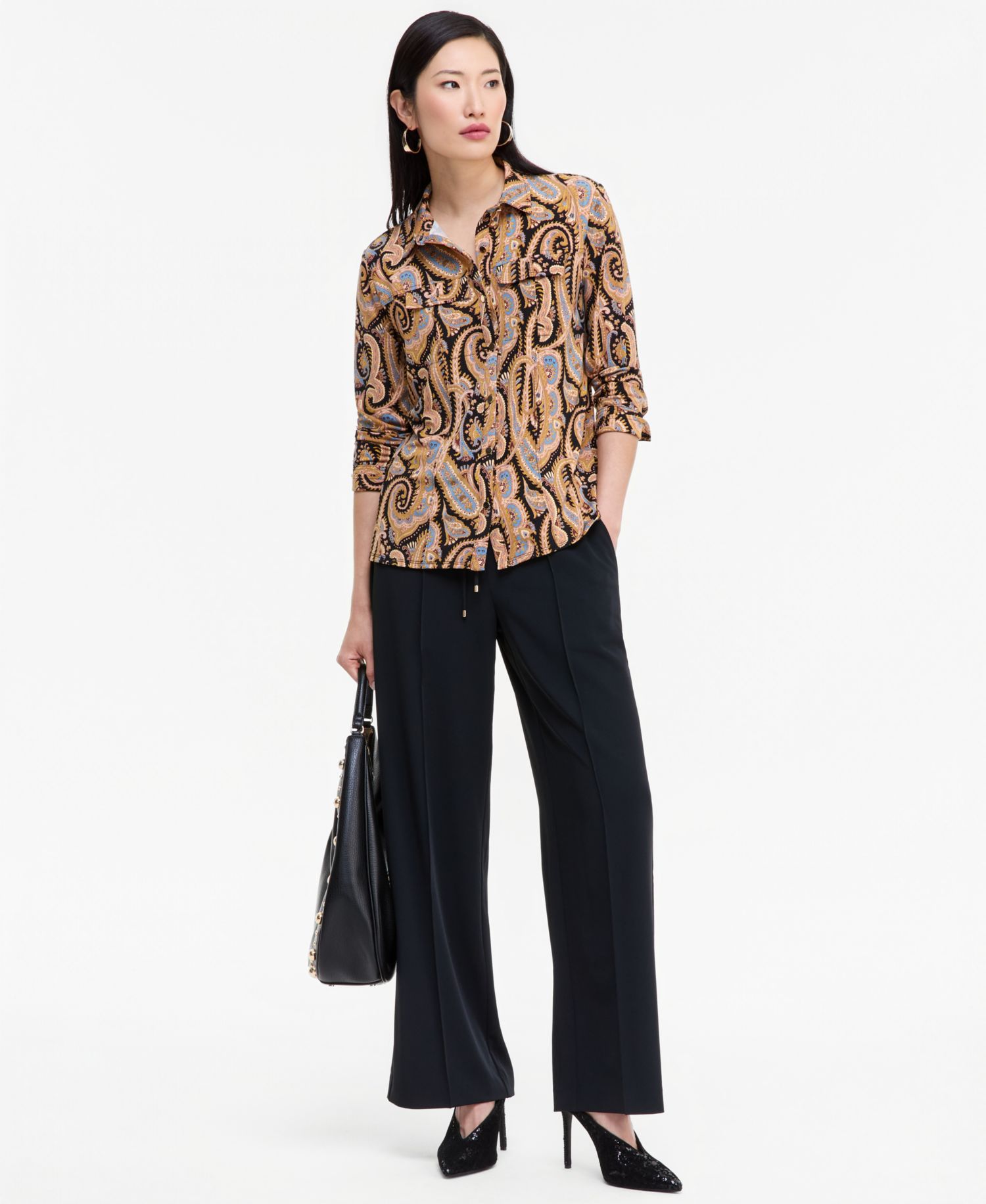 Women's Print Long-Sleeve Utility Button-Up Paisley-Print Blouse