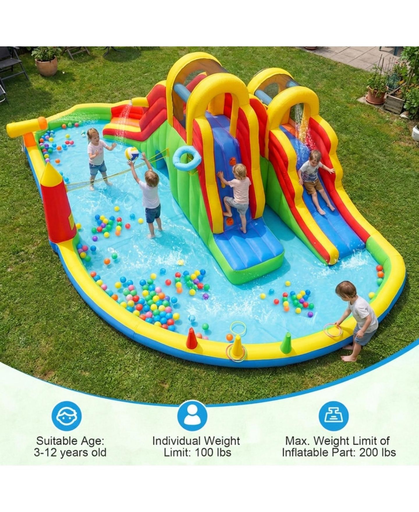 Детские игрушки HONGGE Giant 8-in-1 258.5"L x 184"W x 90.5"H Dual Long Slides Splash Pool Bounce House, Ages 3-12, цвет: Зелёный / Жёлтый — фото 8
