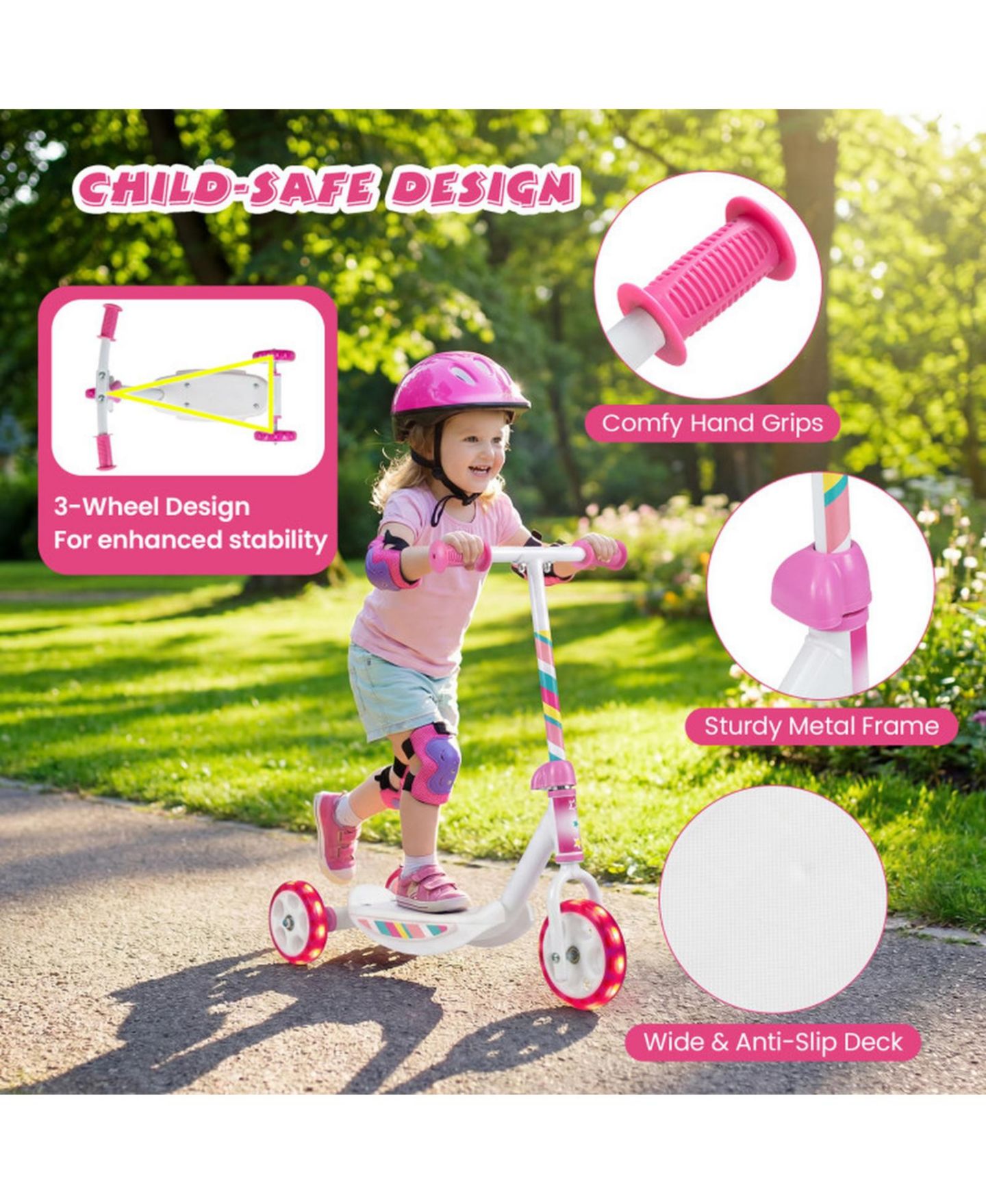 Детская игрушка HONGGE Toddler 3-Wheel Kick Scooter with LED Light-Up Wheels, 44 lbs Capacity, Ages 2+, цвет: Розовый / Белый — фото 5