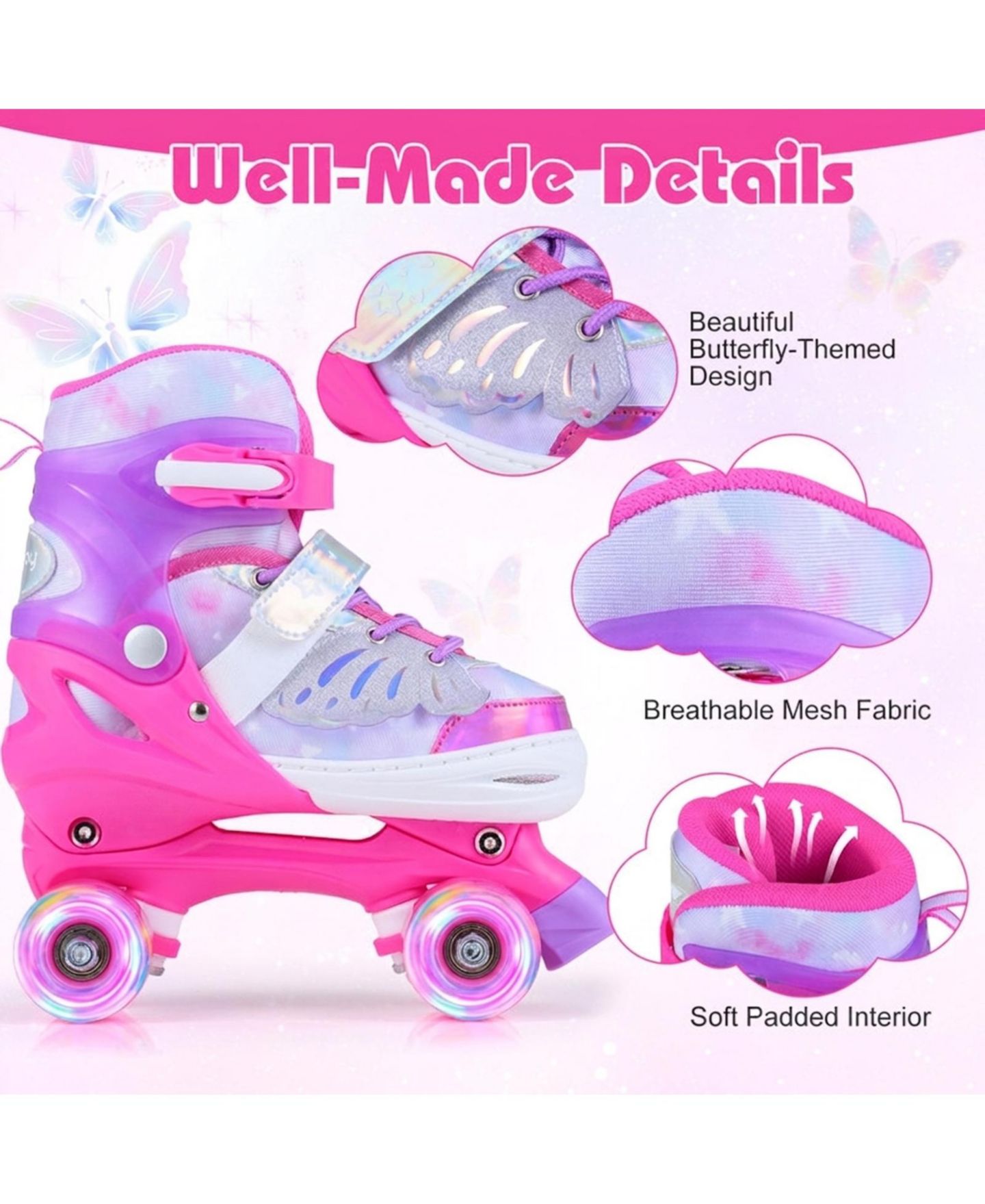 Детские игрушки HONGGE Light-Up Wheels Adjustable Reinforced Brake Roller Skates, Sizes 11C-1, Ages 5-7, цвет: Розовый — фото 5