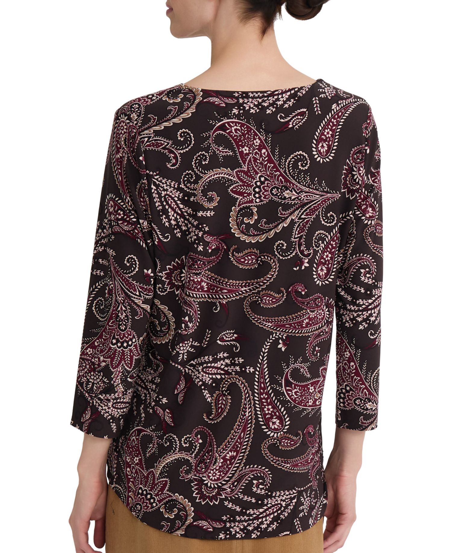 Petite Paisley-Print 3/4-Sleeve Keyhole-Neck Blouse
