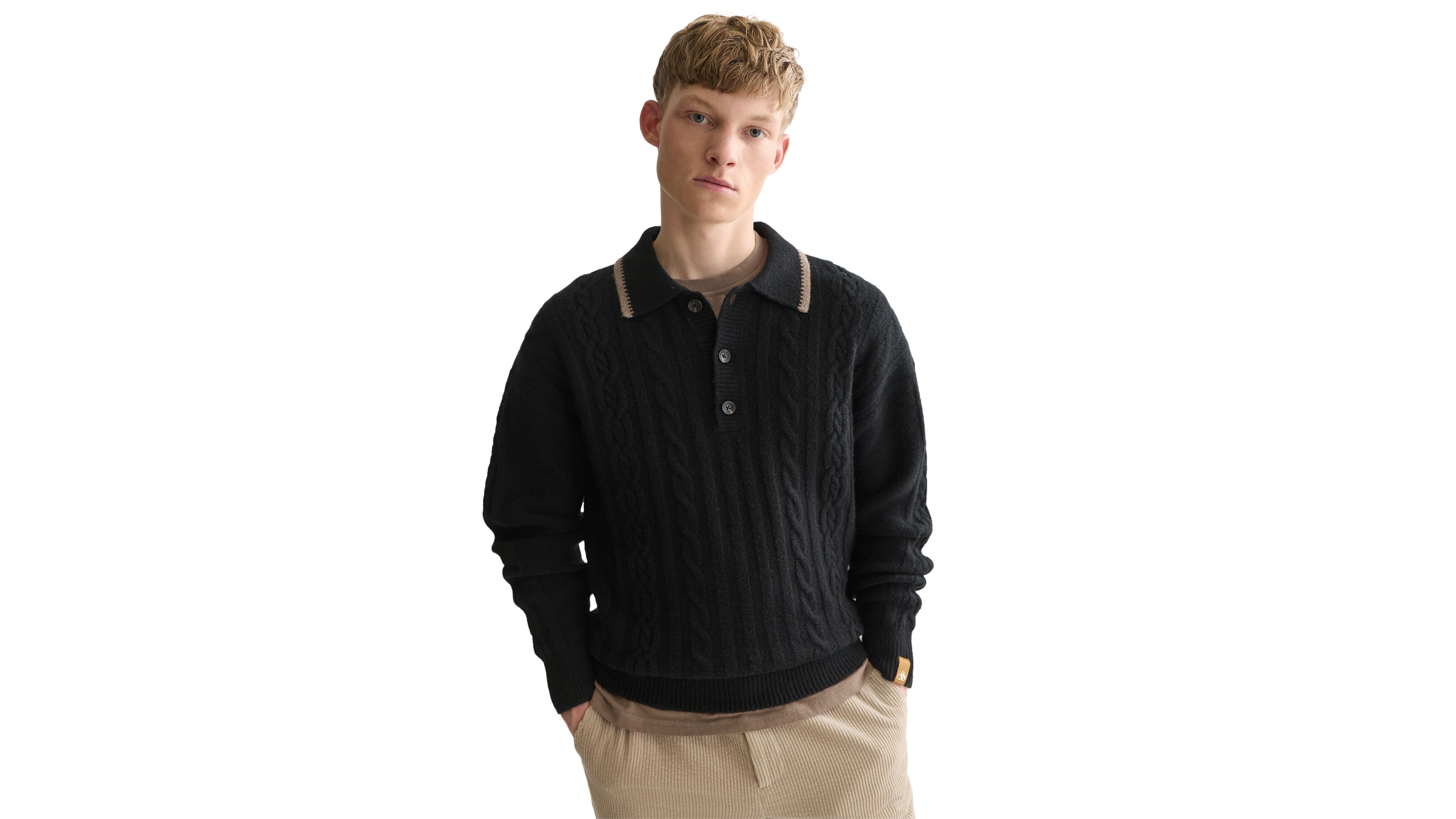 Scotch&Soda Men's Soft Knit Polo Cable Dropped Shoulder Pullover Sweater