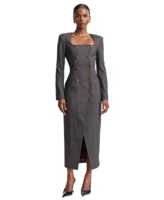 Women's Plaid Long-Sleeve Double-Breasted Midi Dress