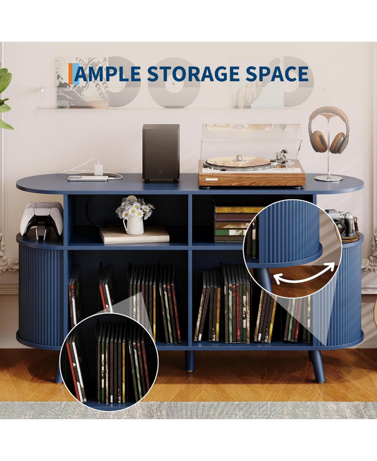 homfan 55" Round Mid-Century Tv Stand and Media Console with Vinyl Storage and Charging Station, Open Shelves