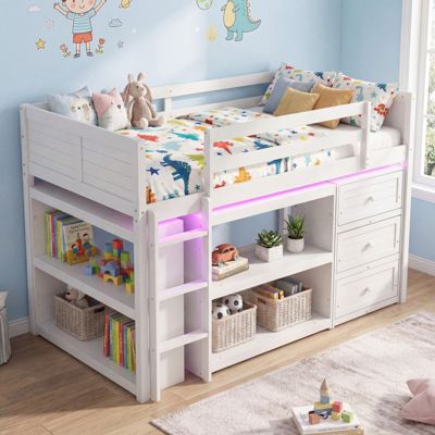 Twin Size Wooden Loft Bed with LED Lights Storage Shelves and Drawers