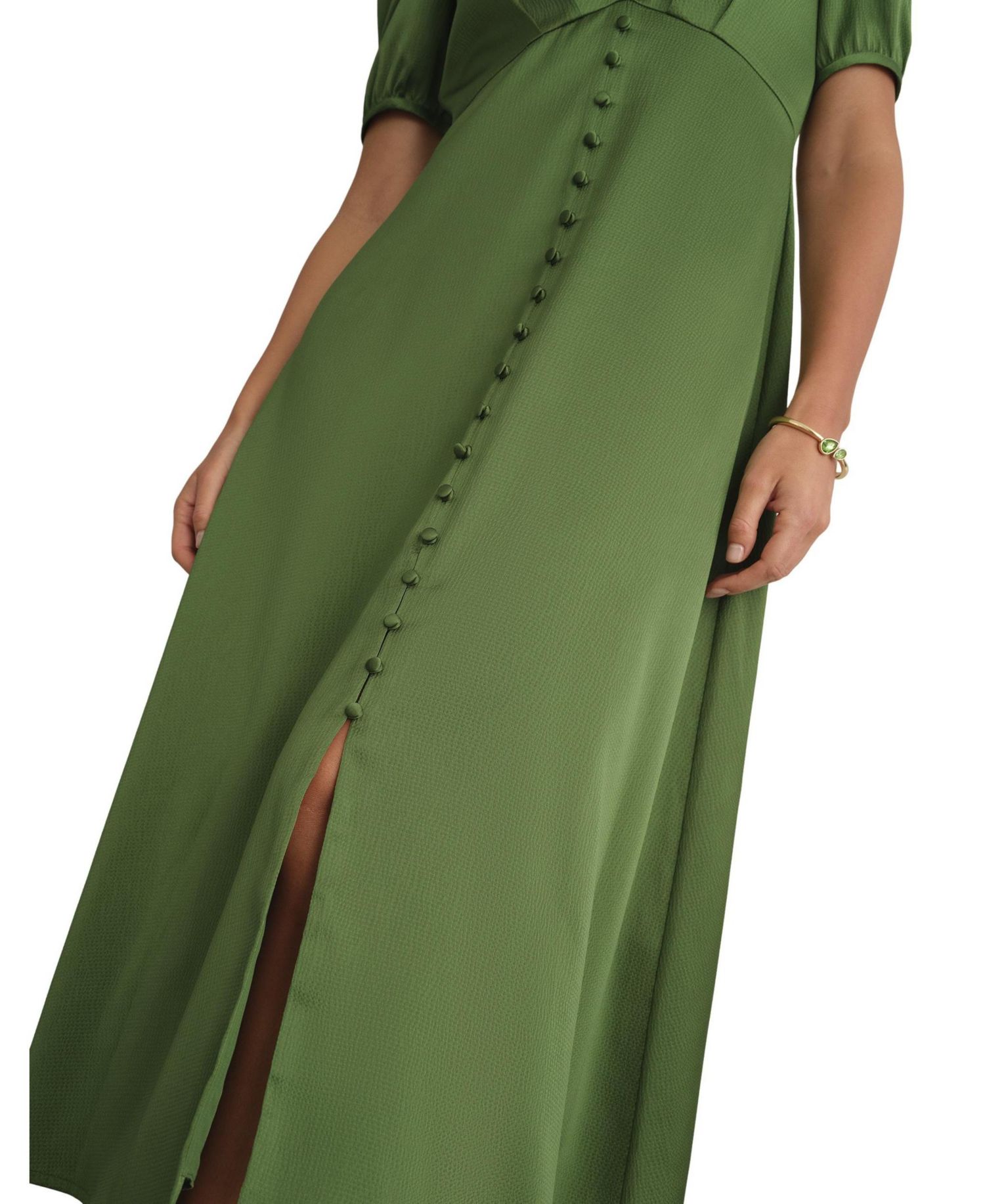 Women's Button Front Puff Sleeve Midi Dress