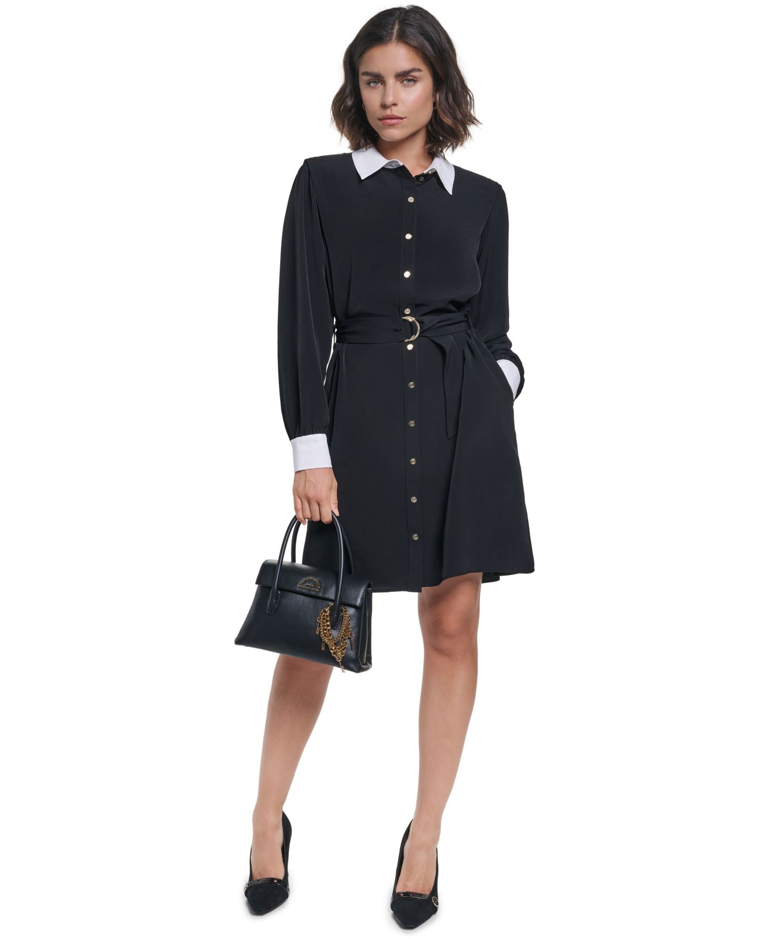 Women's Belted Contrast-Collar Shirtdress