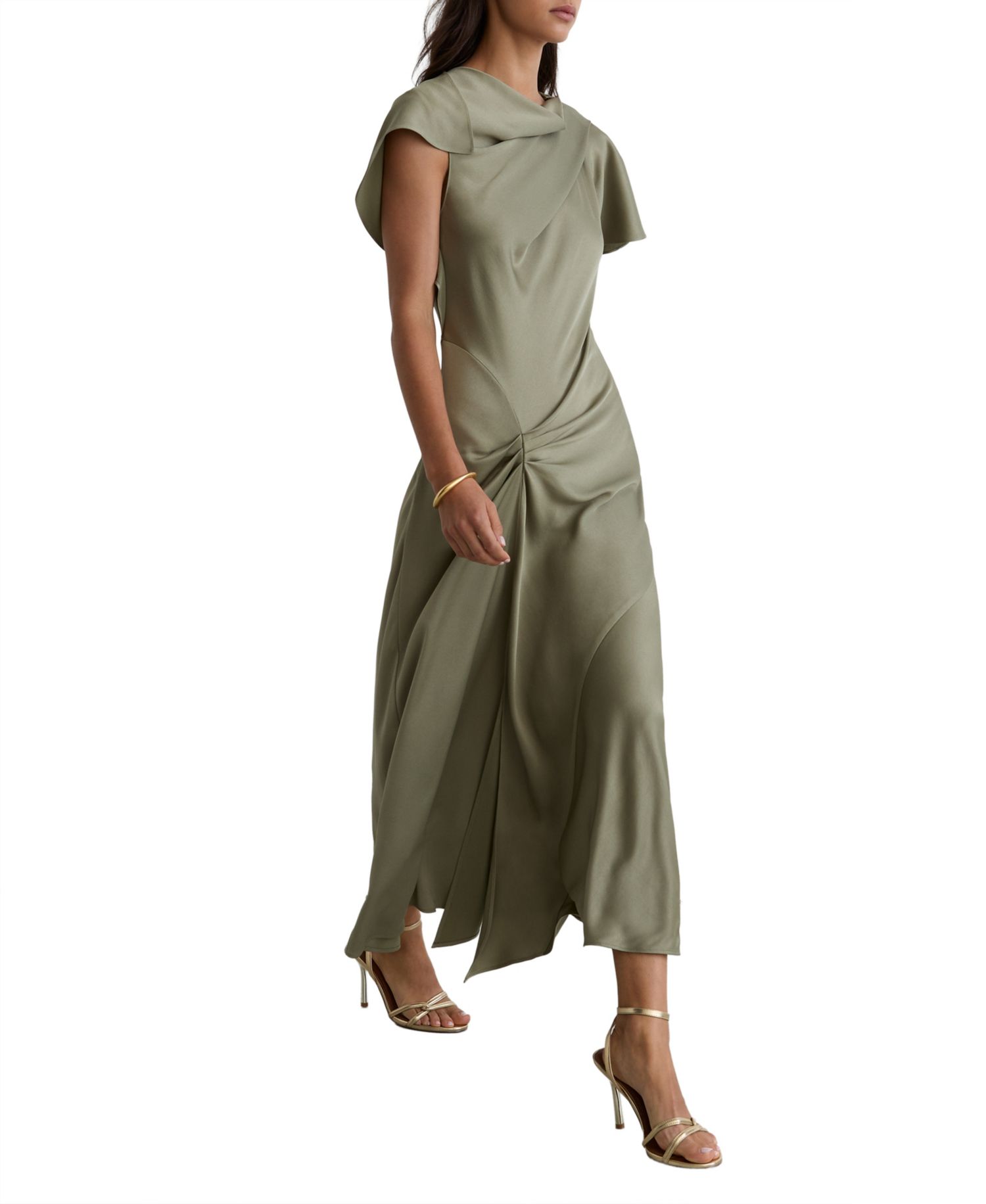 Women's Sasha Cowl Neck Gathered-Draping Satin Midi Dress