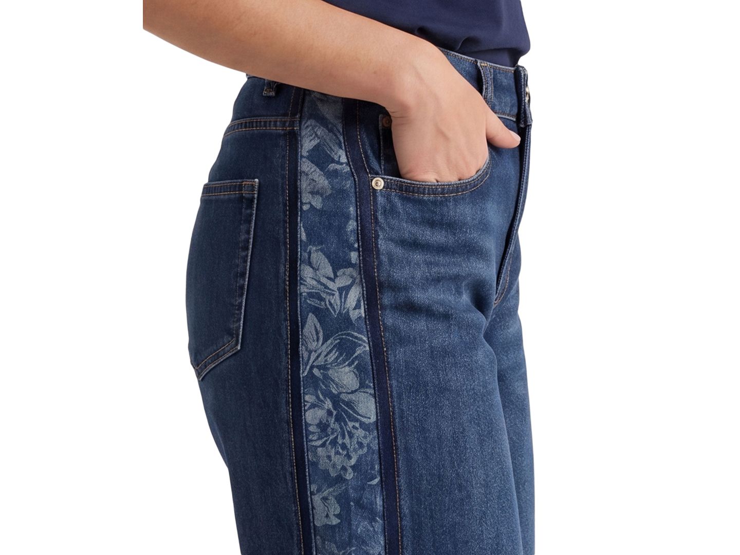 Женские джинсы Liverpool Los Angeles Petite Stride High-Waisted Floral-Jacquard Wide-Leg, цвет: Индиго — фото 3