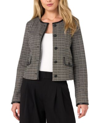 Petite Cropped Collarless Plaid Blazer
