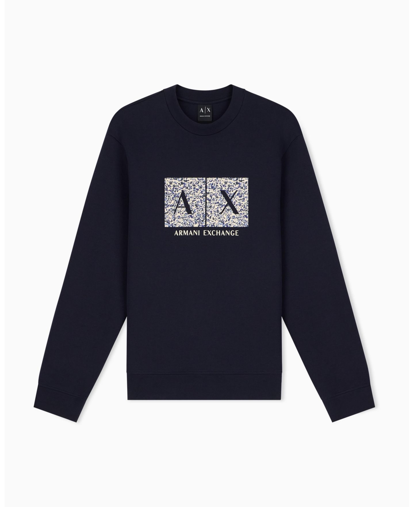 Мужская толстовка A|X Armani Exchange Long Sleeve All-Over Logo Bonded Cotton Crewneck, цвет: Глубокий тёмно-синий — фото 1