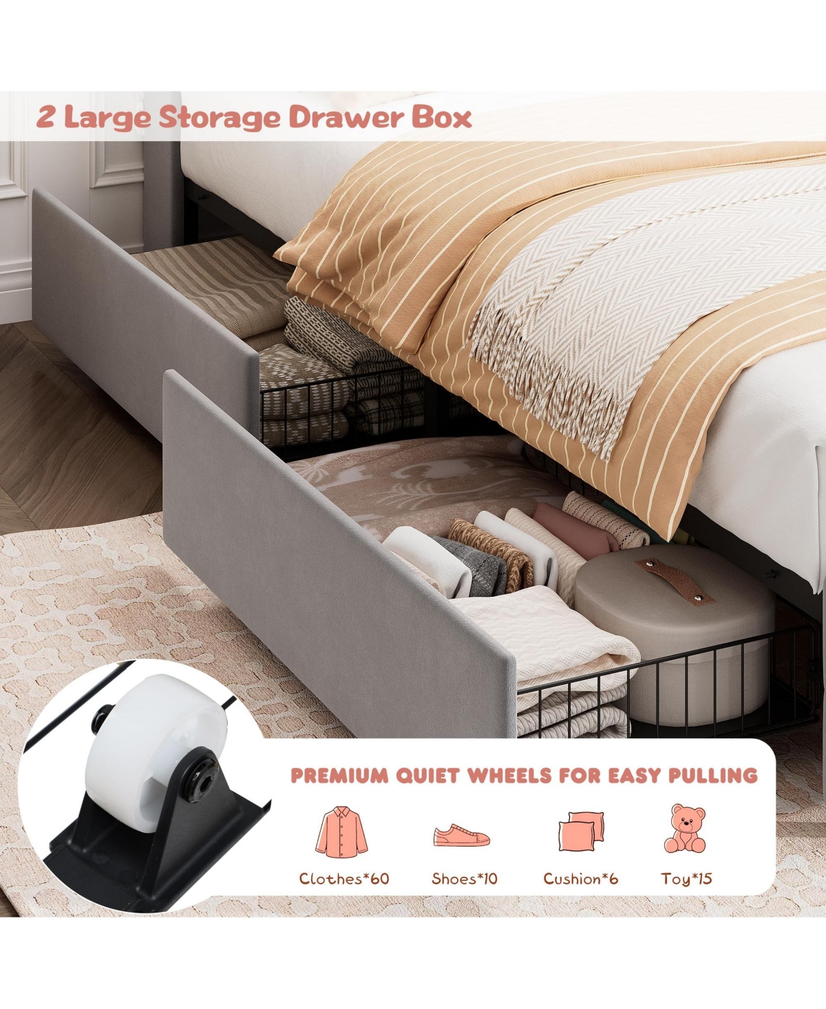 homfan Upholstered Led Bed Frame, Storage Headboard, Charging Station and 2 Drawers, Velvet Princess Platform for Kids, Support