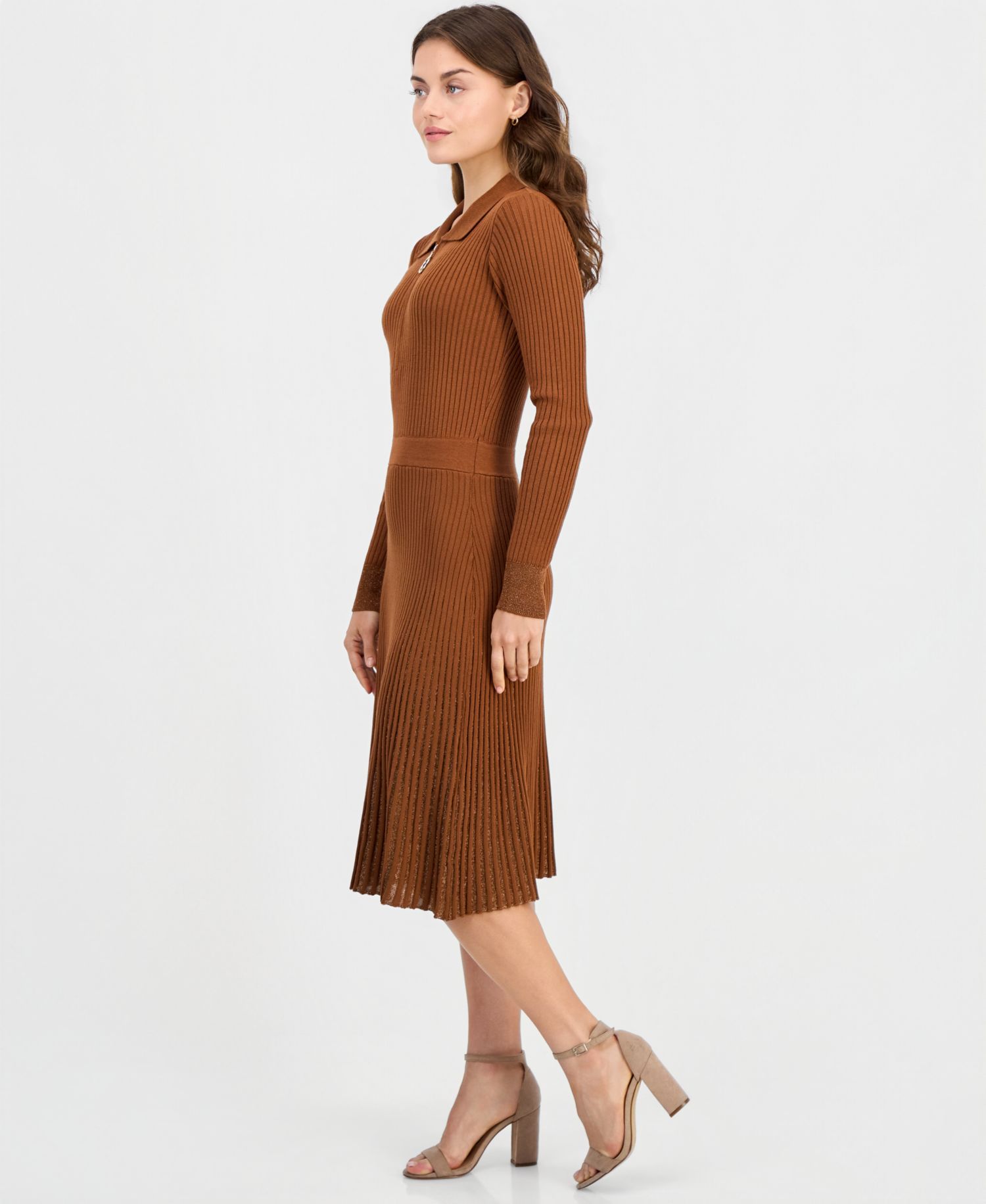 Women's Lurex Ribbed-Knit Zip-Front Midi Dress