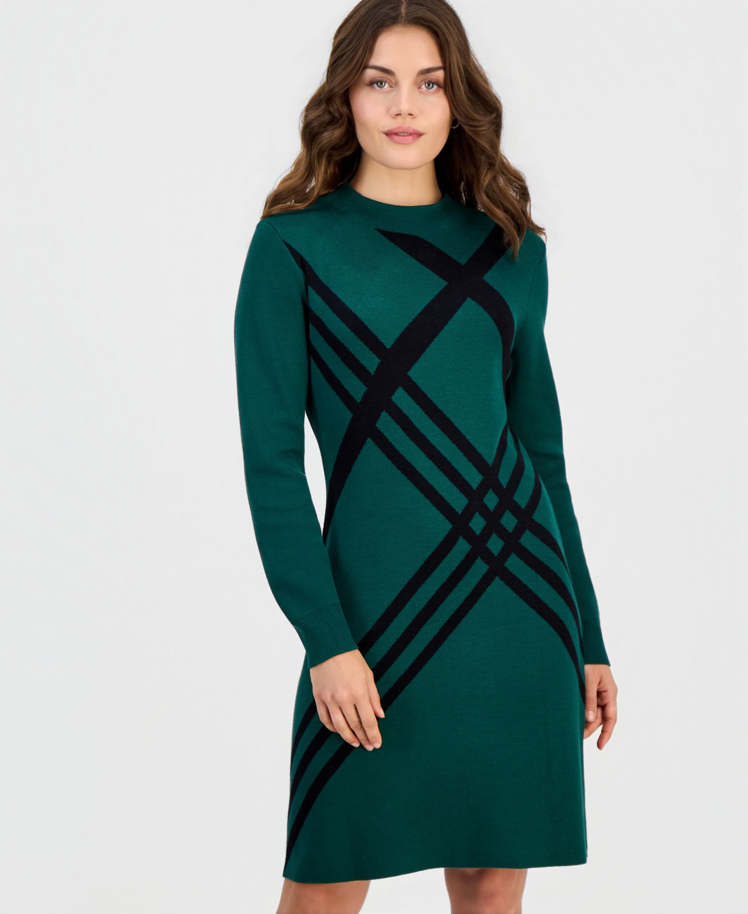Petite Geometric Mock Neck Long-Sleeve Sweater Dress