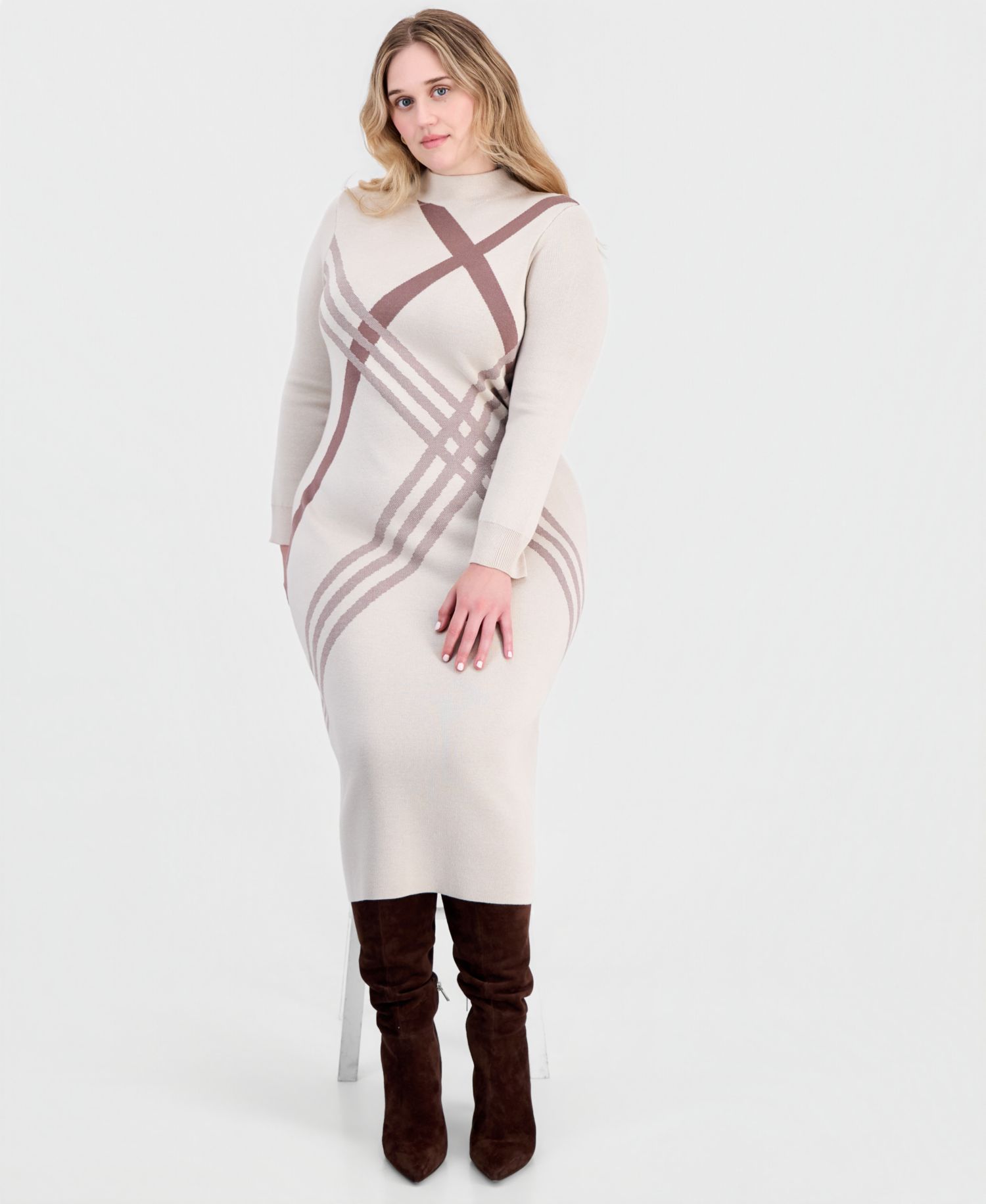 Plus Mock Neck Long-Sleeve Midi Dress