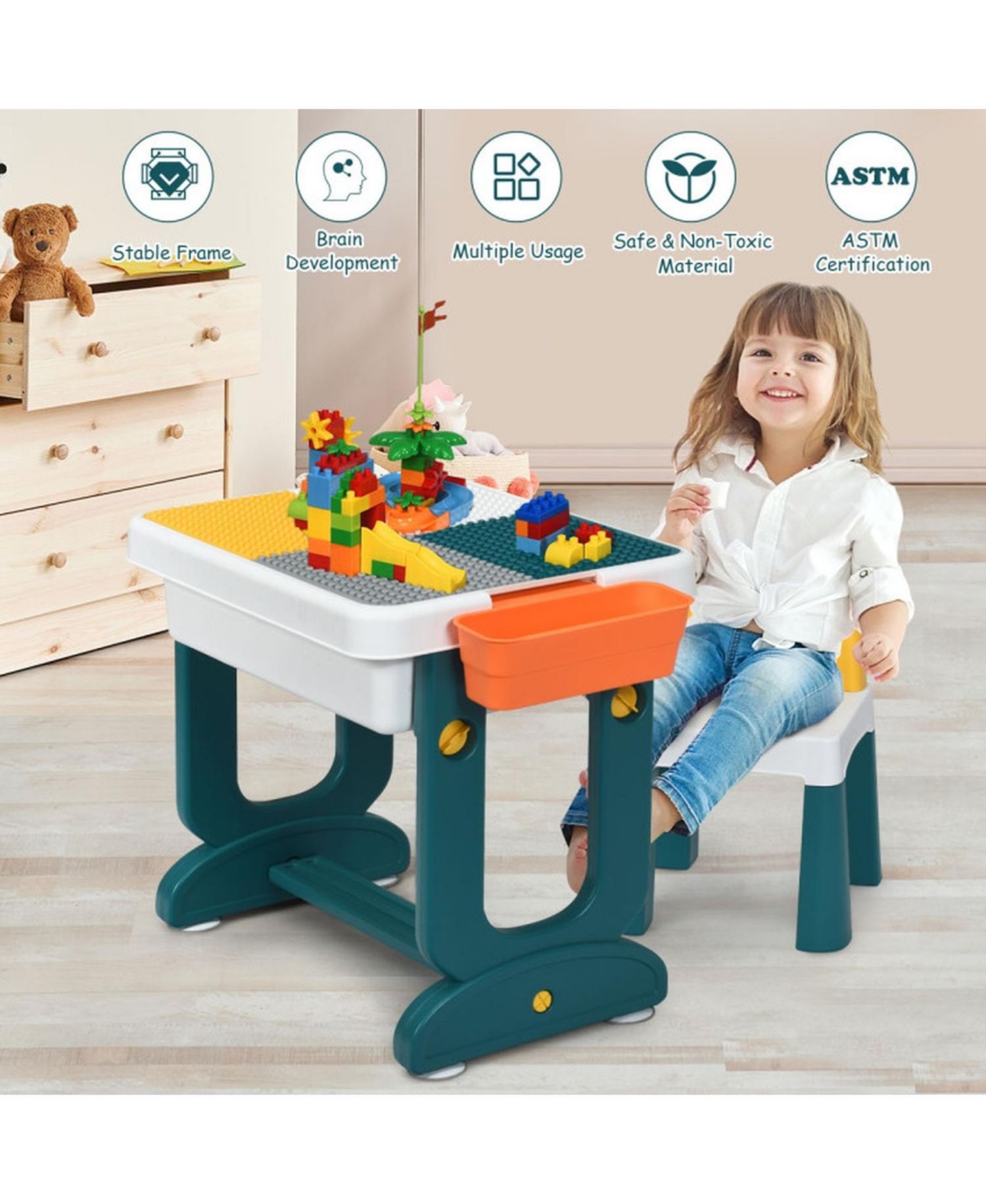 5-in-1 Kids Activity Table and Chair Set with Storage and Building Block Board