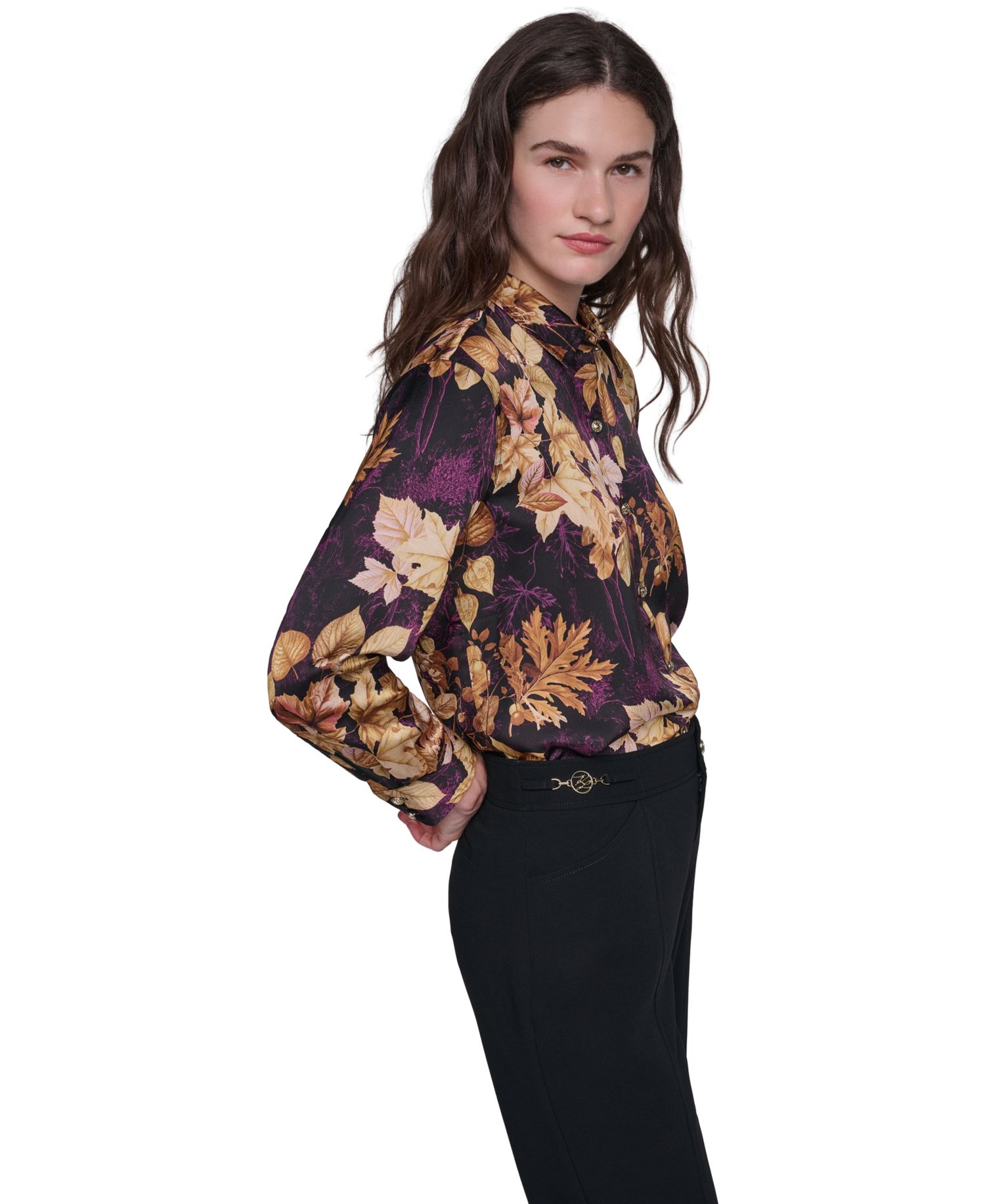 Petite Floral Printed Long-Sleeve Satin Blouse