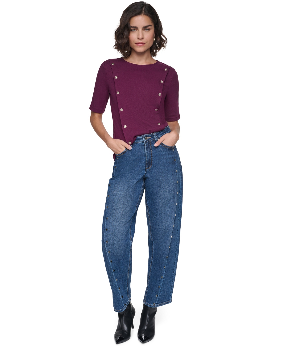Karl Lagerfeld Paris Petite Rib-Knit Crewneck Short-Sleeve Top