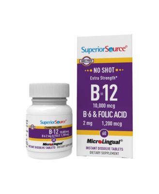 No Shot Vitamin B-12 Cyanocobalamin 10000 mcg, B-6, Folic Acid 1200 mcg - 60 Sublingual Dissolving Tablets