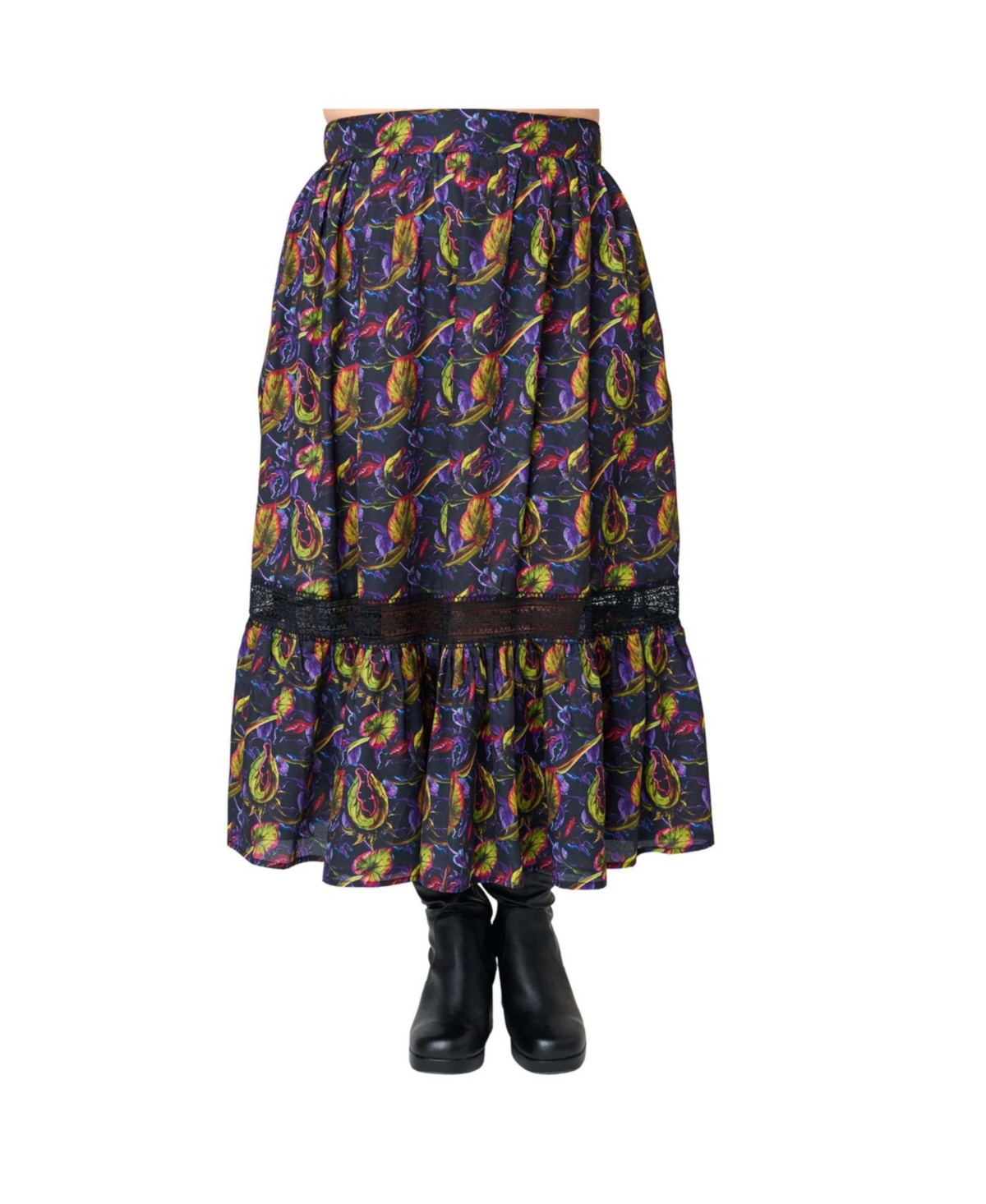 Unique Vintage Plus Size Tiered Midi Skirt - Black botanical print