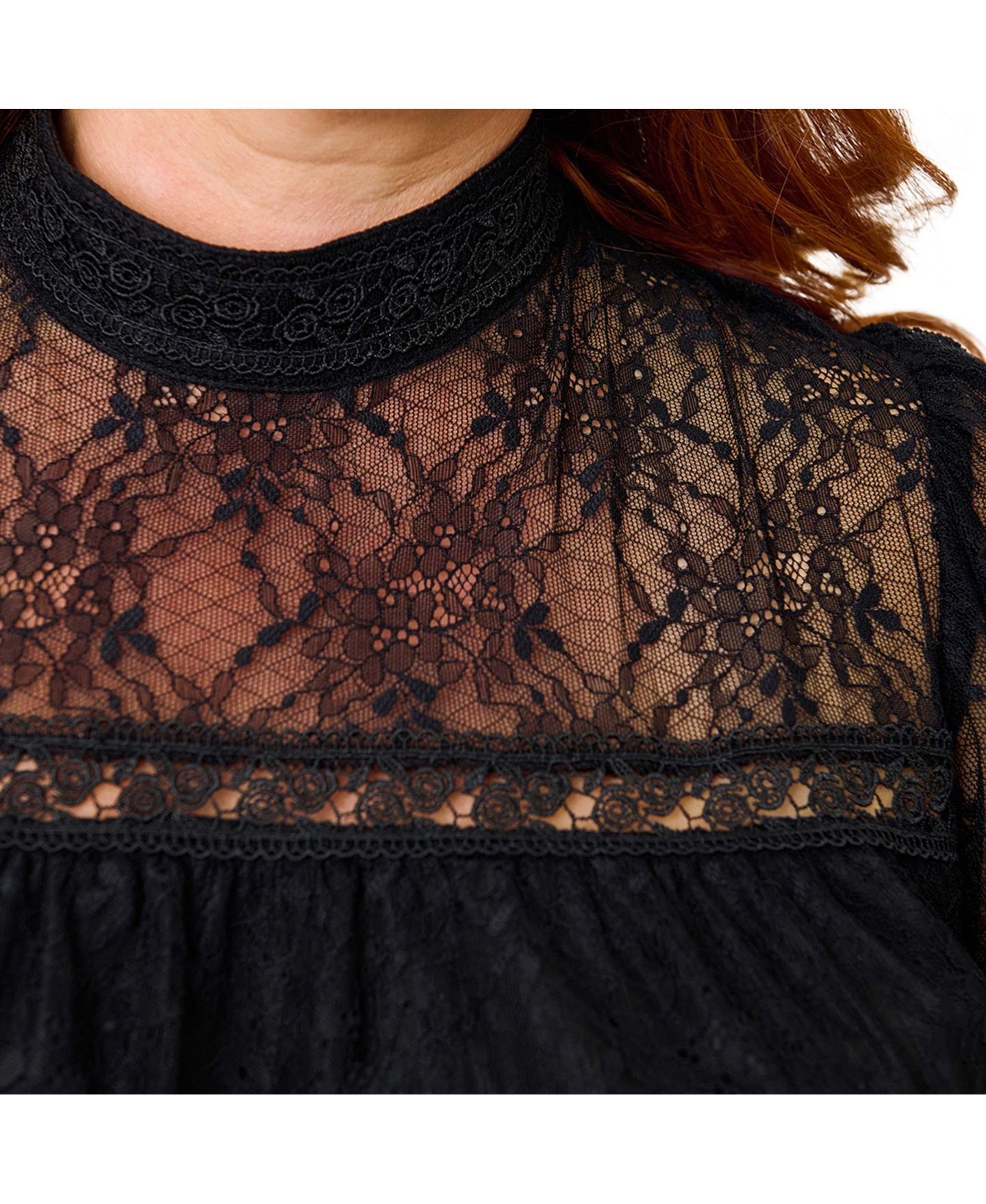Женская блузка Unique Vintage Plus Size Lace Smocked-Waist Short-Puff-Sleeve, цвет: Чёрный однотонный — фото 5