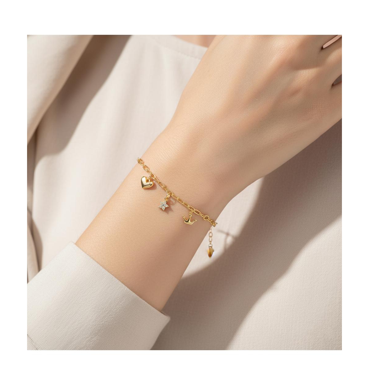 14K Gold Plated with Clear Cubic Zirconia Heart, Star, & Crown Charm Anklet