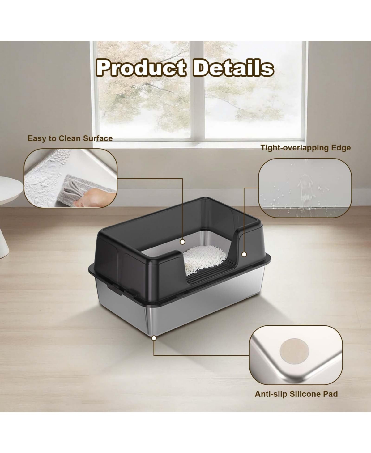 homfan Stainless Steel Litter Box, Extra Large, High Sides, Removable Tray, Non-Slip Mat, Scooper Included
