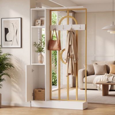 71" Tall Room Divider with Storage and Hooks, Freestanding