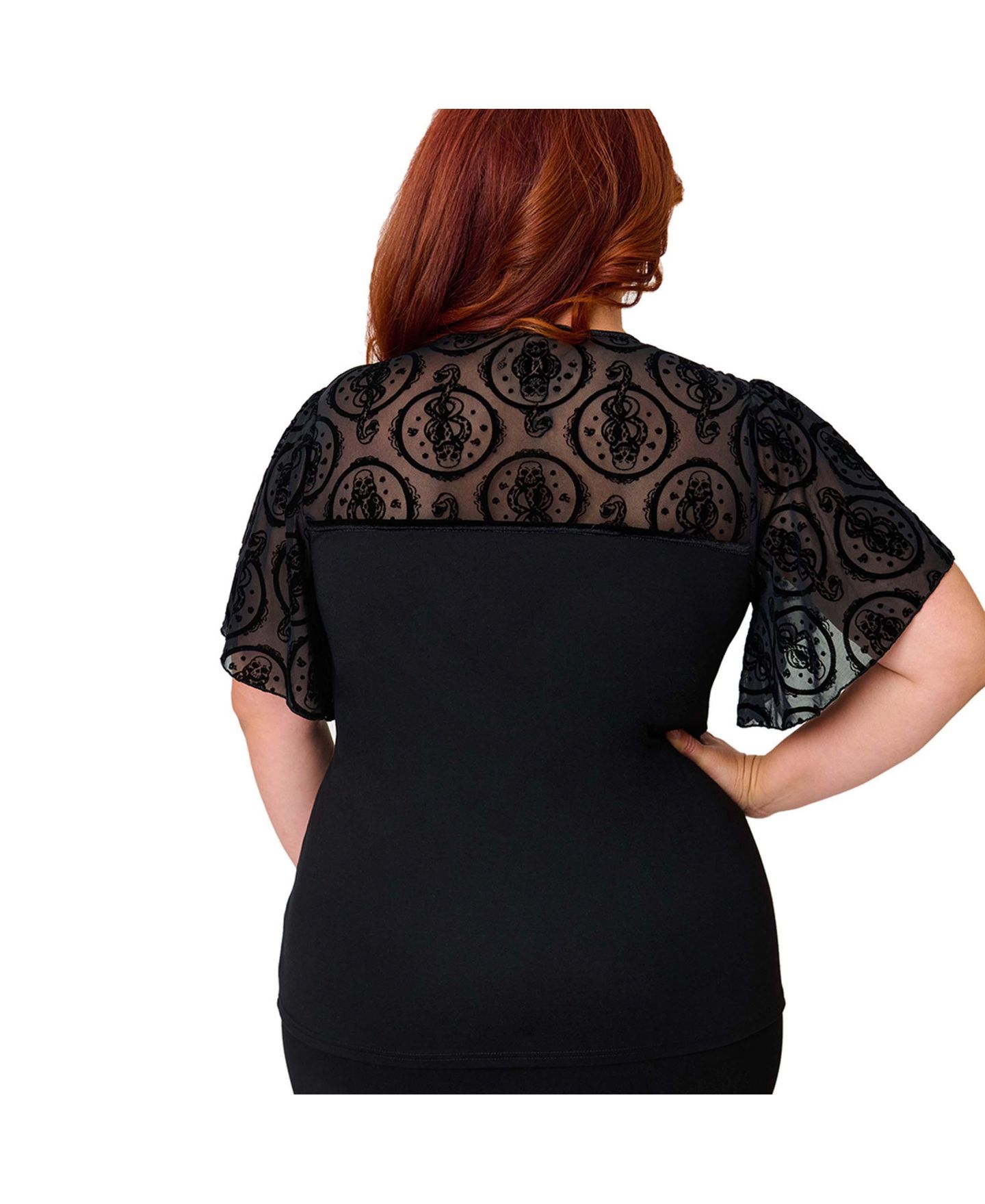 Женский топ Unique Vintage Plus Size Mesh Yoke Flutter Sleeve Sweetheart, цвет: Чёрный однотонный — фото 3