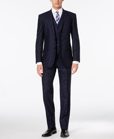 English Laundry Men's Blue Embroidered Swirl Vested Slim-Fit Suit