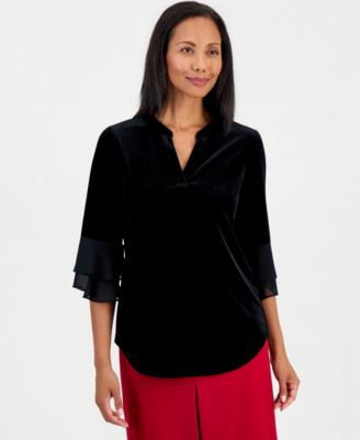 Women's 3/4-Flutter Split-Neck Velvet Blouse