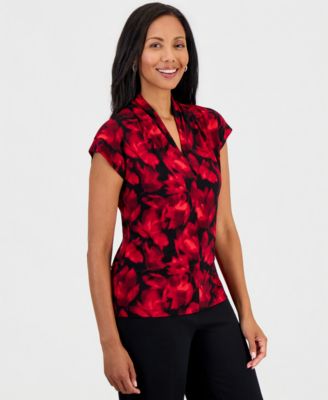 Women's Everyday Knit Floral Funnel Neck Short Sleeve Blouse