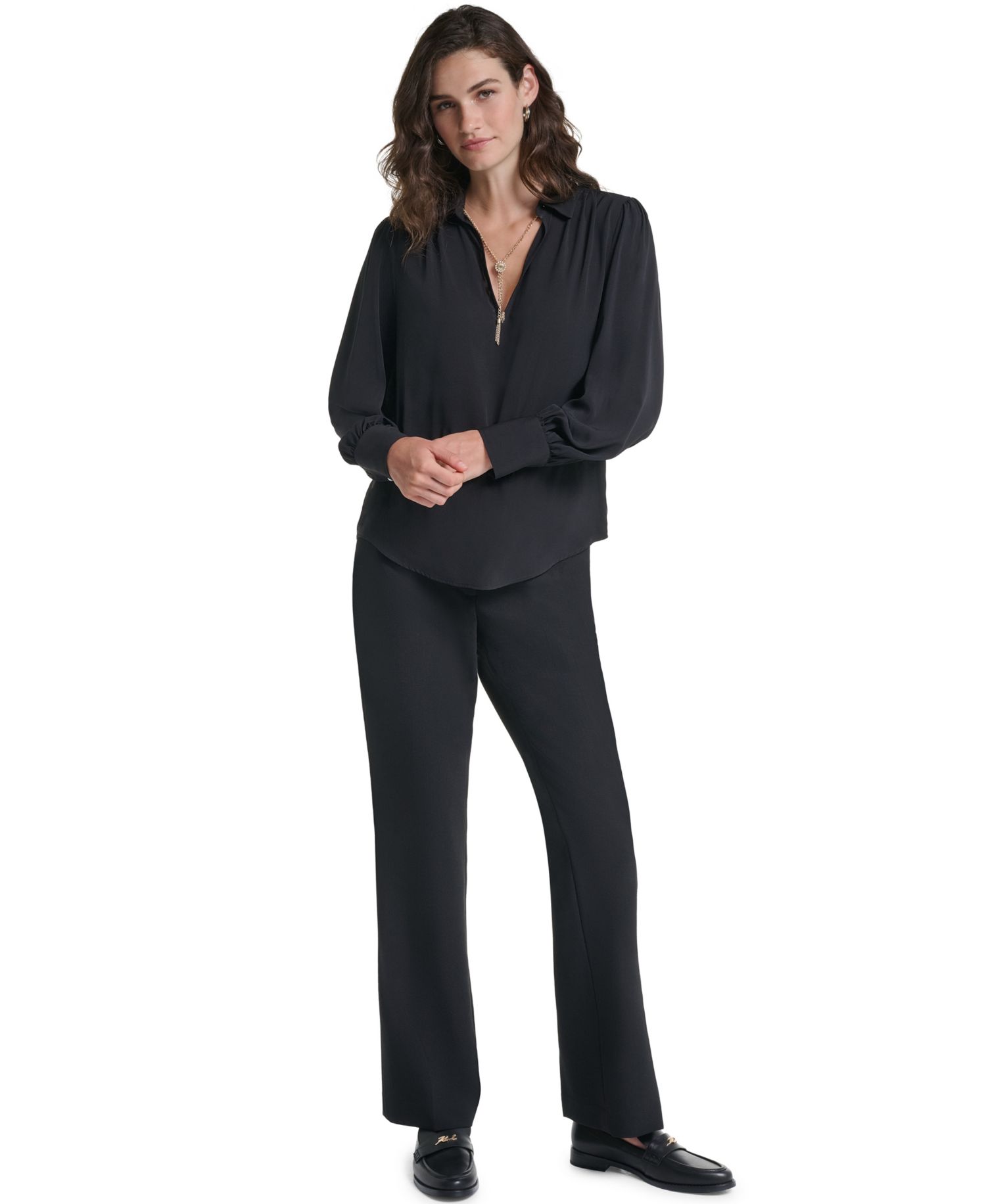 Petite Long-Sleeve Collared Blouse
