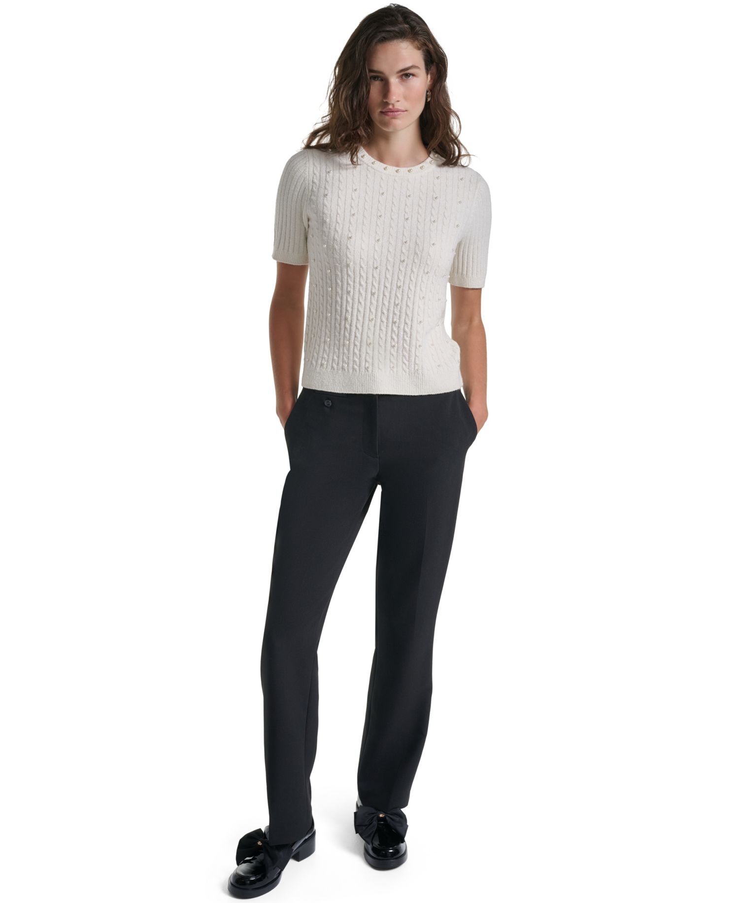 PetiteCable-Knit Crewneck Short-Sleeve Sweater