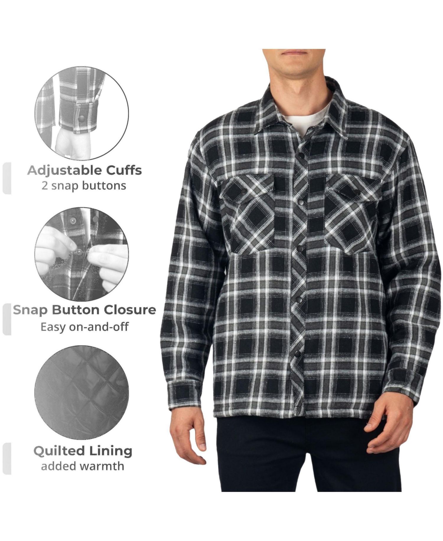 Men's Henry Quilted Flannel Shirt Heavyweight Warm Plaid Snap Front Shacket Overshirt