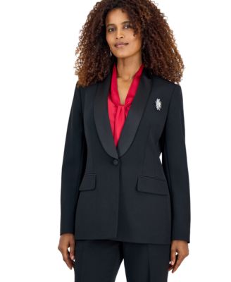 Women's Stretch Crepe Blazer with Satin Collar & Brooch