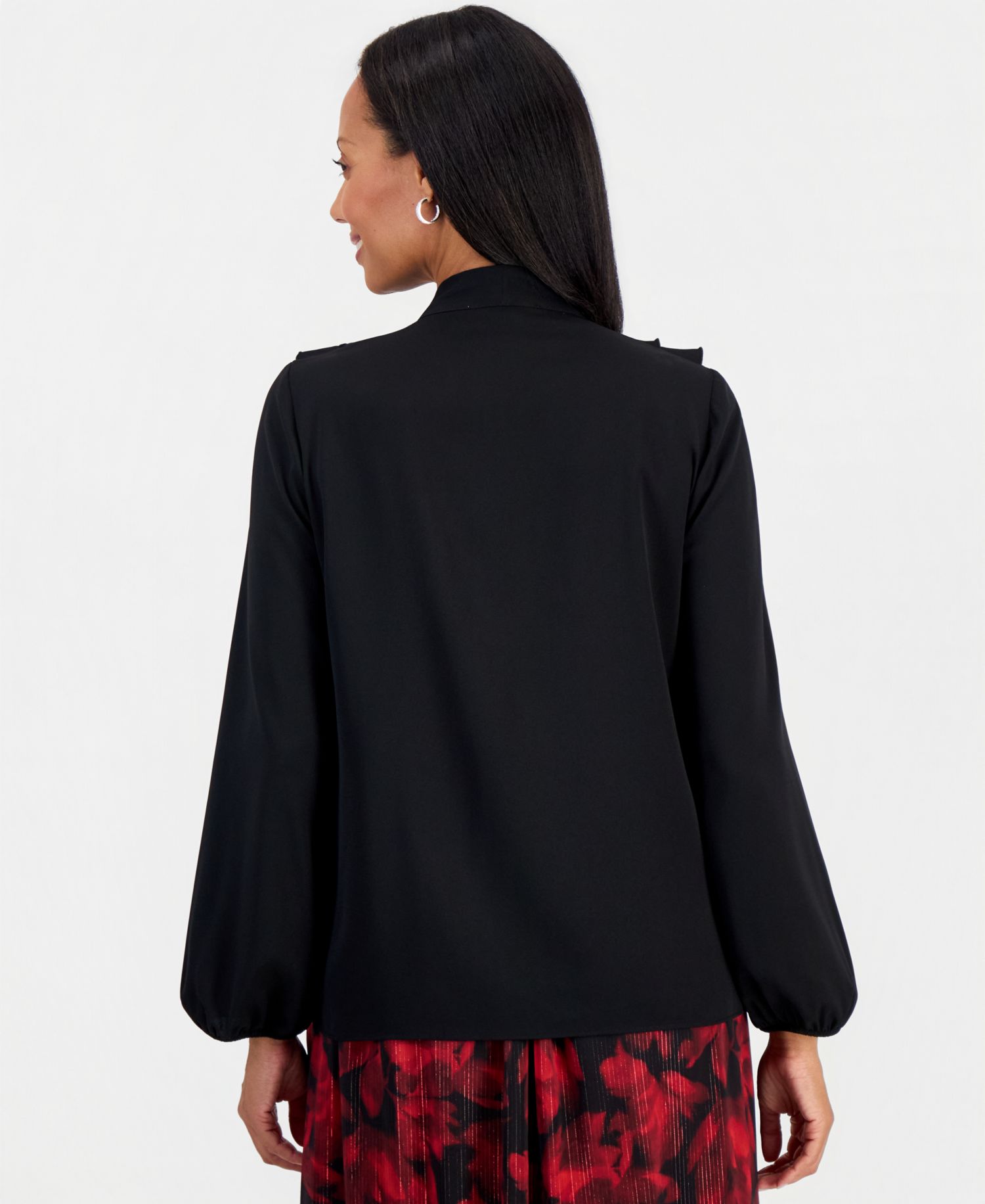 Women's Ruffle-Neck Tie-Front Long-Sleeve Blouse