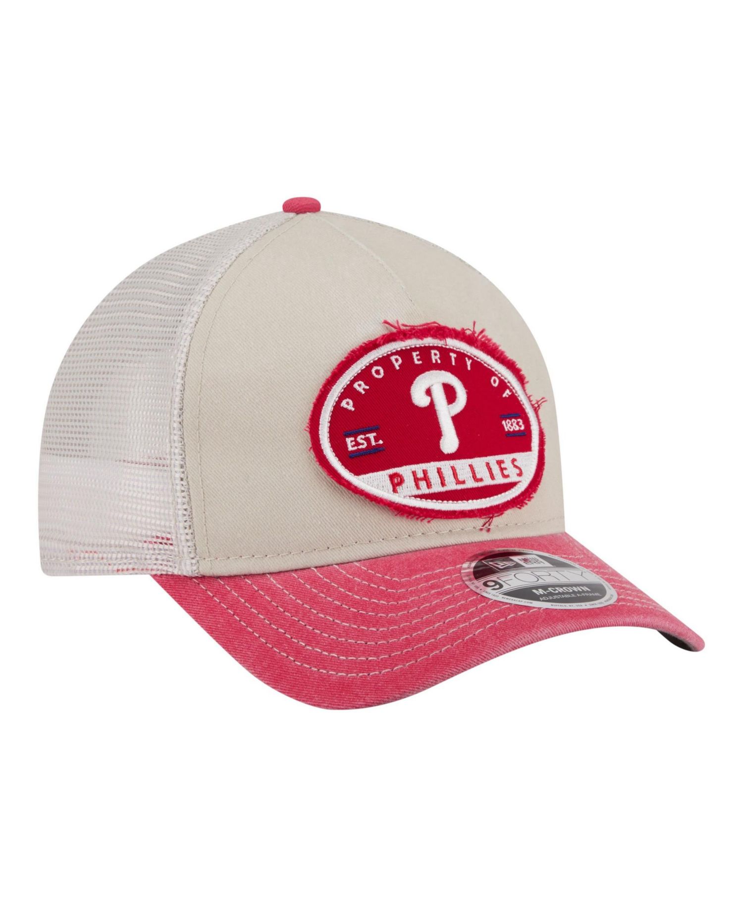 Men's Light Beige/Red Philadelphia Phillies Frayed M-Crown A-Frame 9FORTY Trucker Adjustable Hat