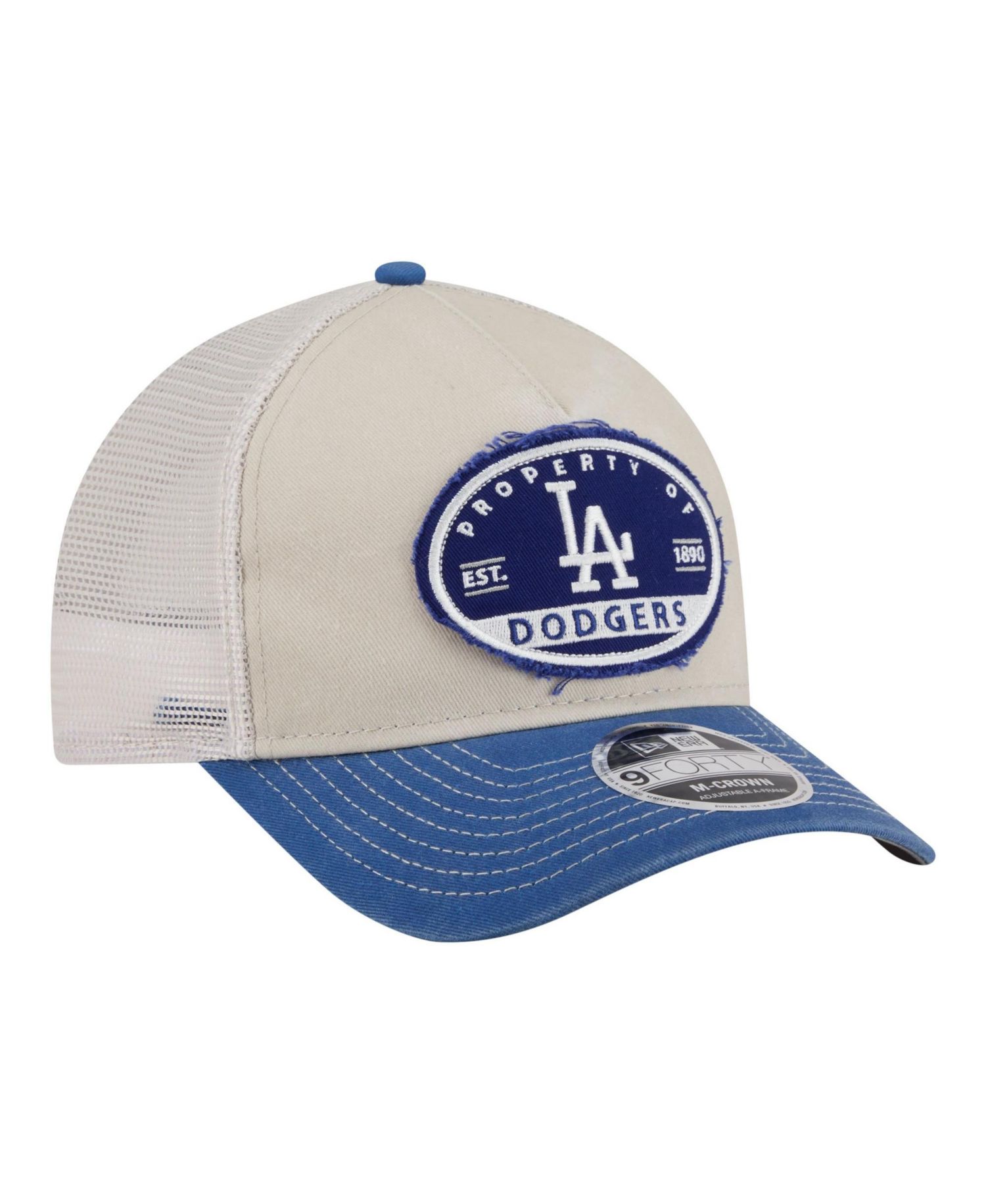 Men's Light Beige/Royal Los Angeles Dodgers Frayed M-Crown A-Frame 9FORTY Trucker Adjustable Hat