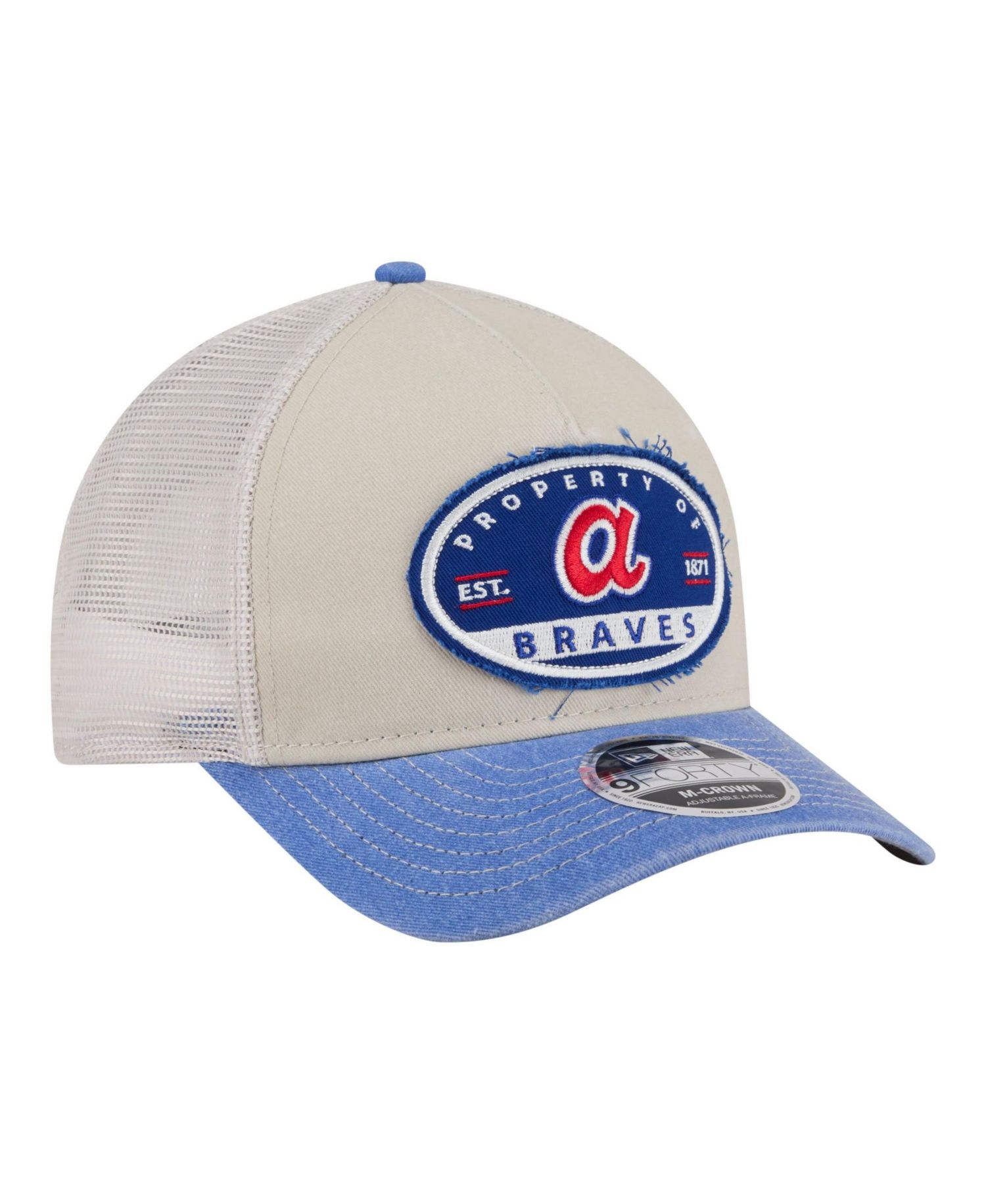 Men's Light Beige/Royal Atlanta Braves Frayed M-Crown A-Frame 9FORTY Trucker Adjustable Hat