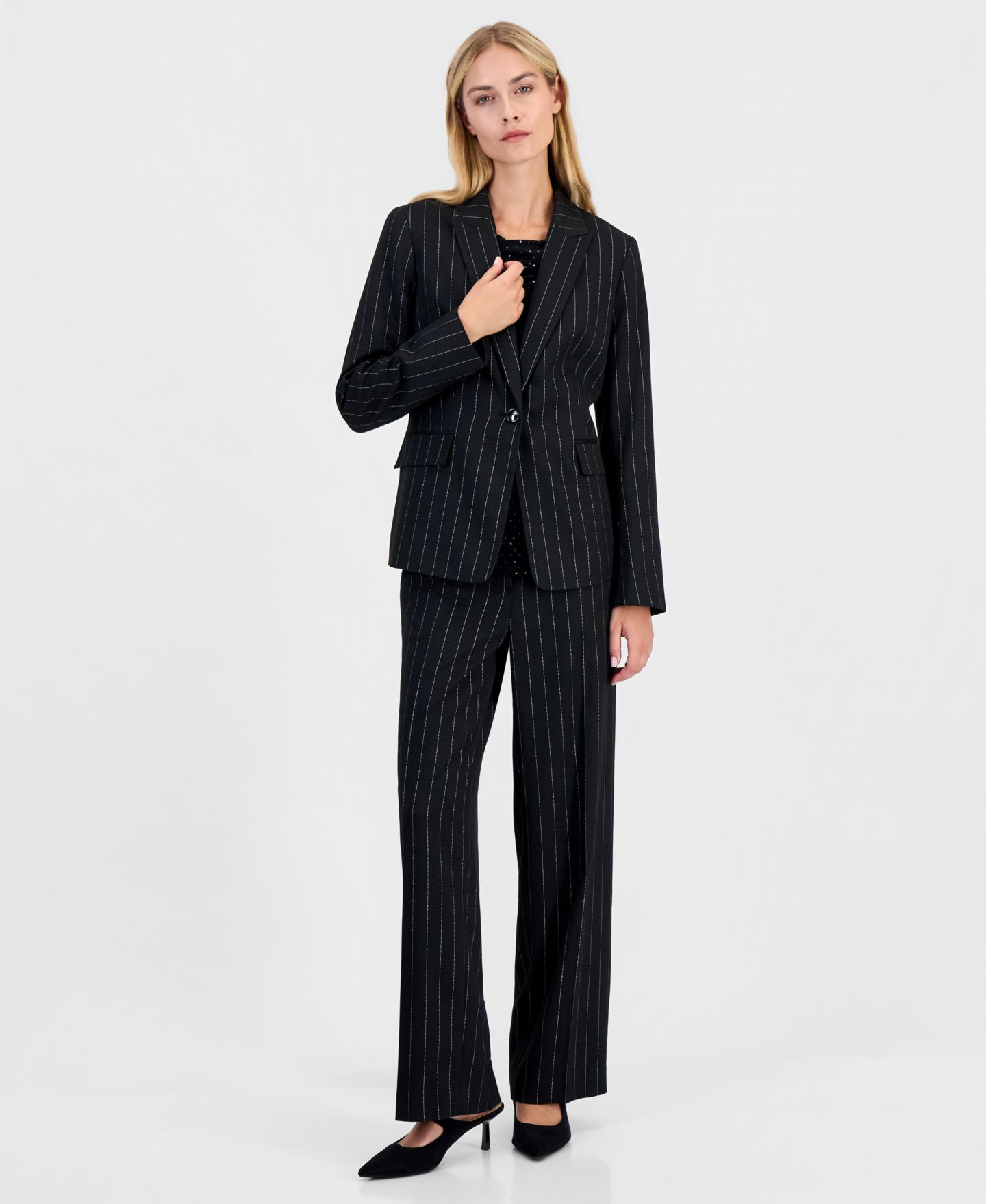 Женский пиджак Kasper Pinstripe One Button Slant Pocket Blazer, цвет: Чёрный / Серебряный — фото 3