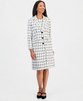 Women's Windowpane Tweed Fringe Trim Duster Jacket