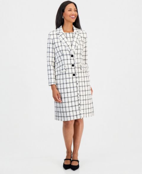 Женская куртка Kasper Windowpane Tweed Fringe Trim Duster, цвет: Ванильный ледяной / Чёрный