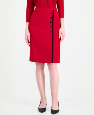 Women's Crepe Contrast Trim Faux Wrap Button Detail Pencil Skirt