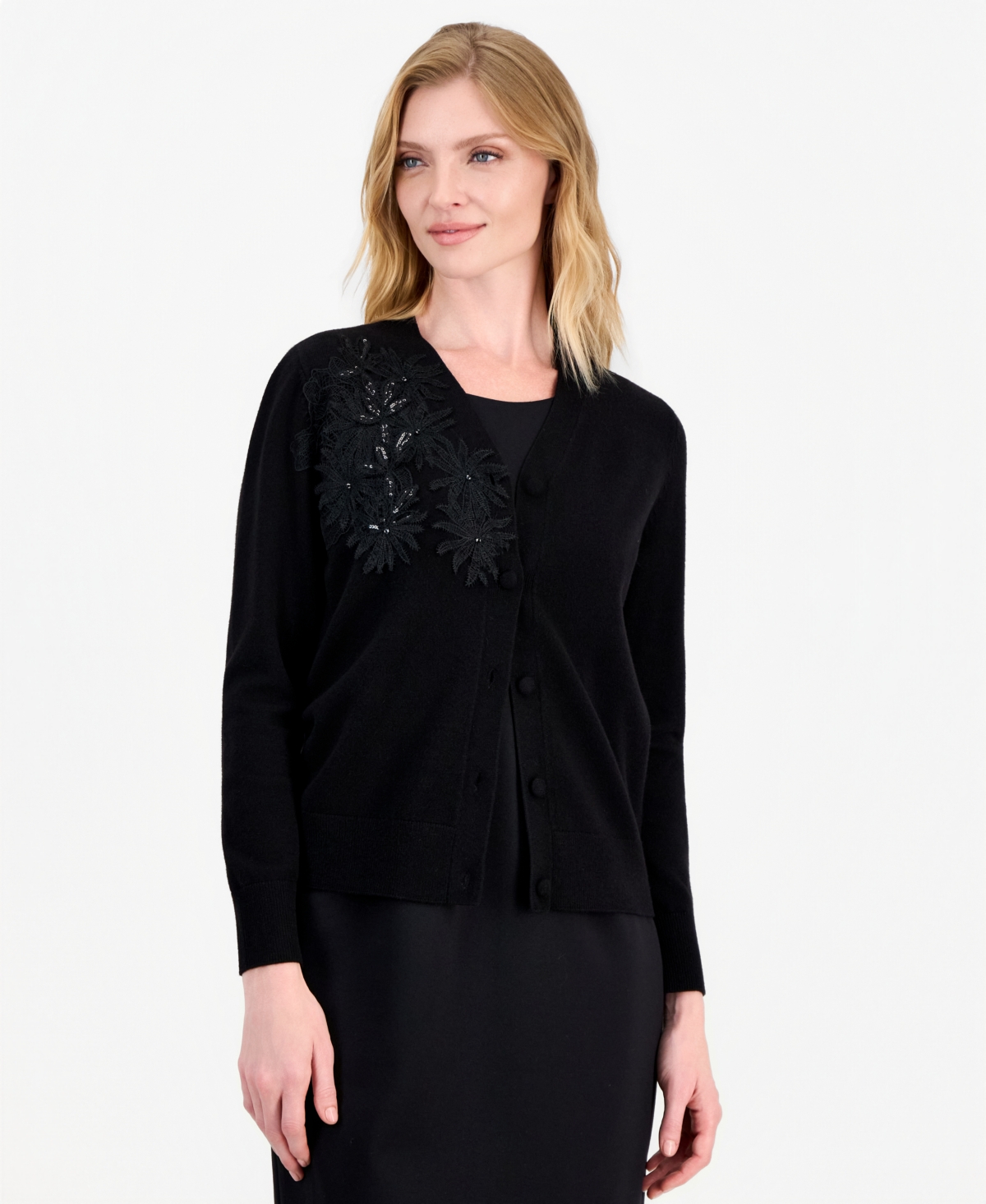 Kasper Women's Long-sleeve Floral Lace-applique Button-up Cardigan In Black