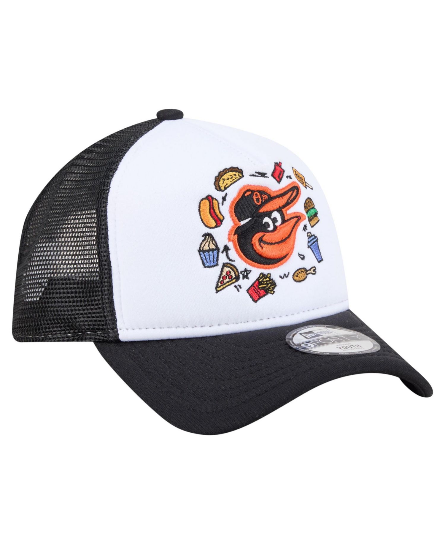 Big Boys and Girls White/Black Baltimore Orioles Food A-Frame 9FORTY Trucker Adjustable Hat