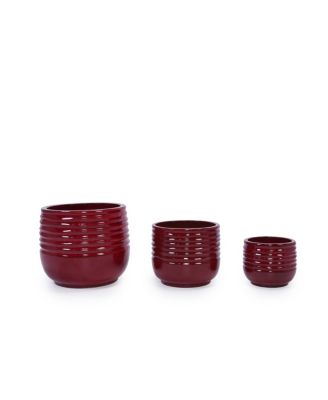 Handmade Ceramic Planter Set of 3 - 15/11/8 Inch, Horizontal Groove Pattern, Breathable Clay, Indoor Outdoor Succulent Flower Pots