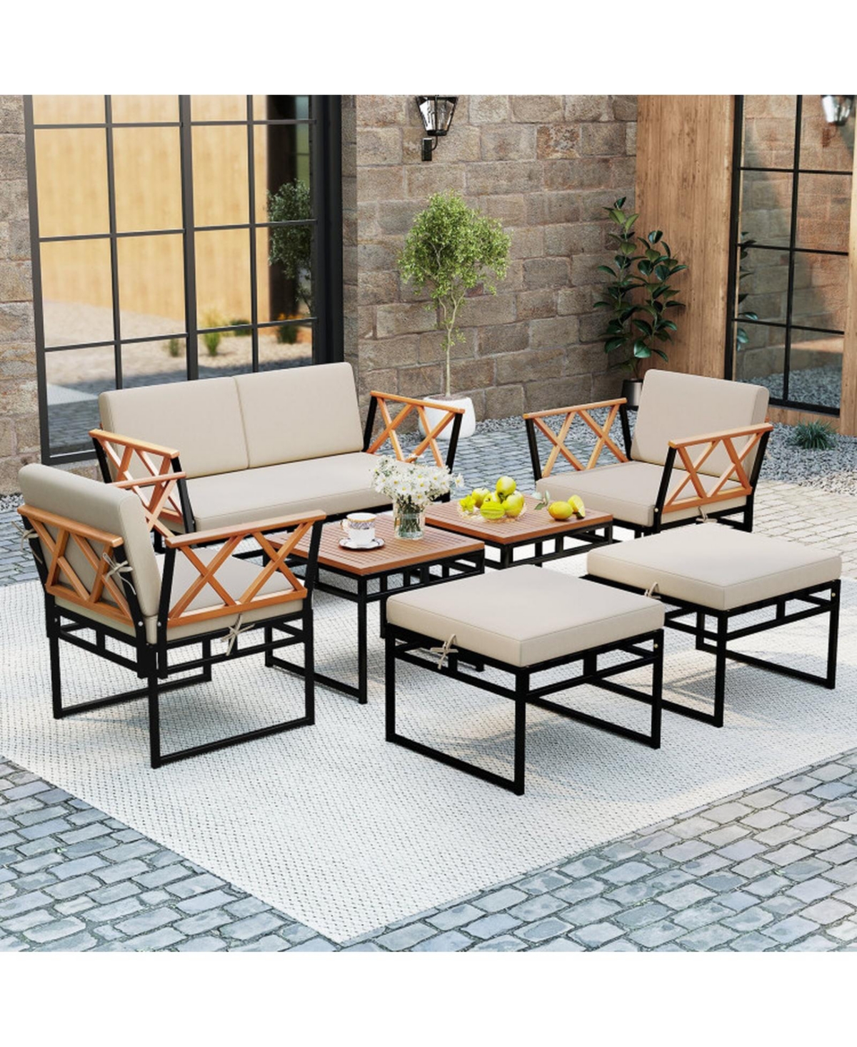 Gouun 7 Piece Outdoor Patio Conversation Set with Bungee Rope Seats, Acacia Wood Accents and Cushions