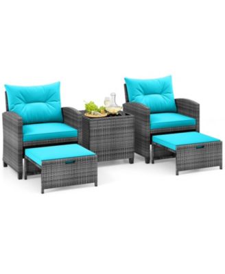 5-Piece Patio Rattan Furniture Set with 2 Ottomans and Tempered Glass Table